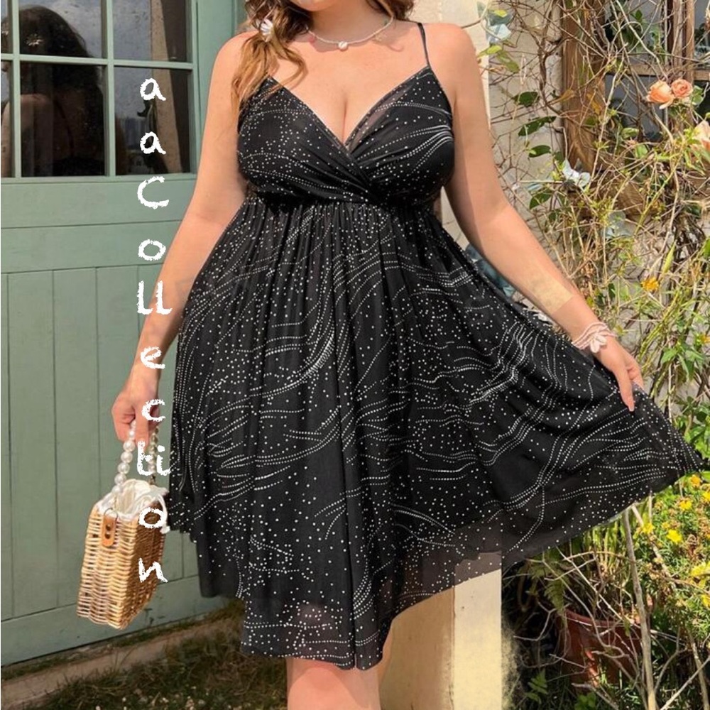 Elegant Plus Size Sheer Mesh Print Asymmetrical Hem Cami Evening Dress Black